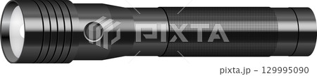 A sleek, metallic flashlight casts a beam of light into the darkness, guiding the way forward. A sleek, metallic flashlight casts a beam of light into the darkness, guiding the way forward. 129995090