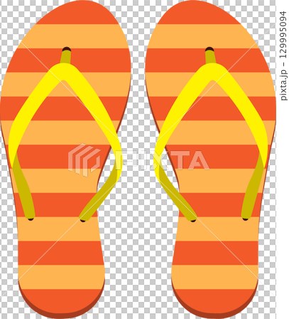 A pair of striped orange flip-flops with yellow straps, perfect for summer days and beach vacations. A pair of striped orange flip-flops with yellow straps, perfect for summer days and beach vacations. 129995094