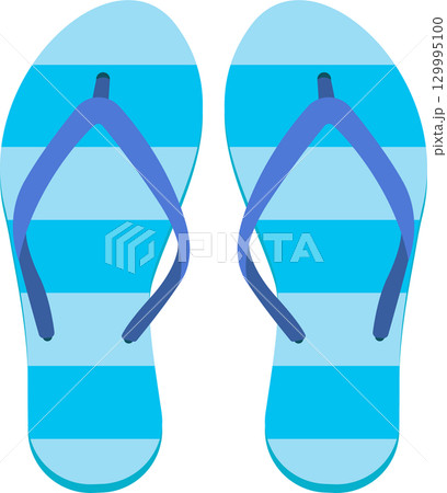 A pair of blue striped flip-flops, a common summer footwear choice for beaches and pools. 129995100
