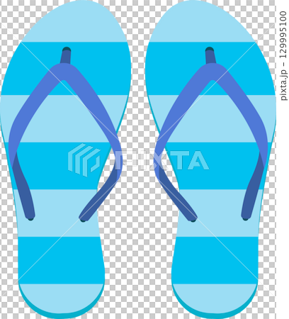 A pair of blue striped flip-flops, a common summer footwear choice for beaches and pools. 129995100