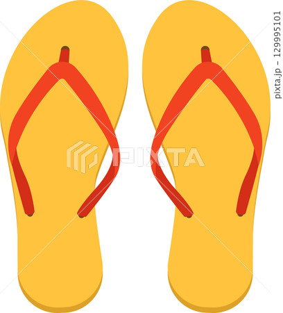 Pair of simple yellow and red rubber flip-flops, footwear commonly worn in warm weather settings. Pair of simple yellow and red rubber flip-flops, footwear commonly worn in warm weather settings. 129995101
