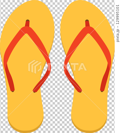 Pair of simple yellow and red rubber flip-flops, footwear commonly worn in warm weather settings. Pair of simple yellow and red rubber flip-flops, footwear commonly worn in warm weather settings. 129995101