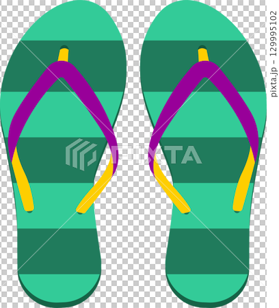 Pair of green, striped flip-flops with yellow and purple straps, perfect for beach or casual wear. Pair of green, striped flip-flops with yellow and purple straps, perfect for beach or casual wear. 129995102