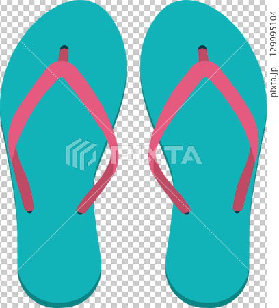 Summer footwear: a pair of bright blue flip-flops with pink straps for a beach holiday vibe. 129995104
