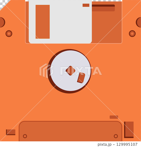 Illustration of a vintage floppy disk with a retro design, evoking memories of old technology. 129995107