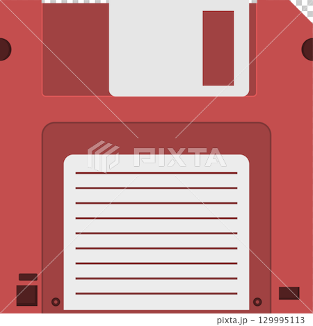 A retro illustration of a red floppy disk, a vintage data storage device with a label area. A retro illustration of a red floppy disk, a vintage data storage device with a label area. 129995113