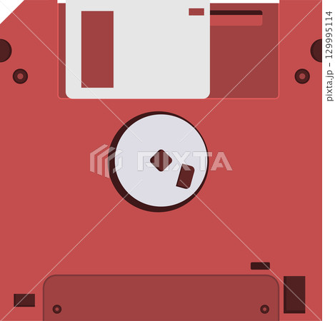 A flat, minimalist illustration of a pink 3.5" floppy disk with various details and features. 129995114