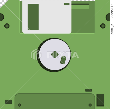 An overhead, flat vector graphic of a green 3.5-inch floppy disk, a storage device. 129995116