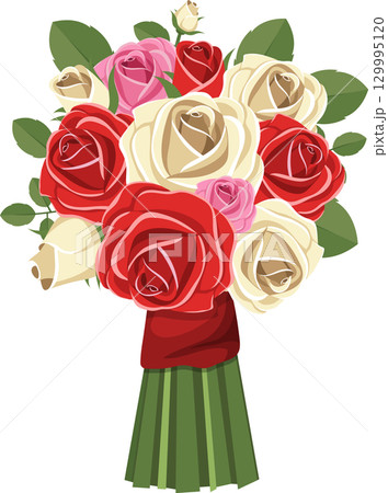 Elegant bouquet of roses featuring red, pink, and cream blooms wrapped with a deep red bow. 129995120