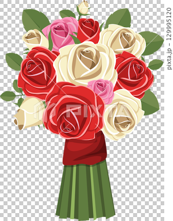 Elegant bouquet of roses featuring red, pink, and cream blooms wrapped with a deep red bow. 129995120