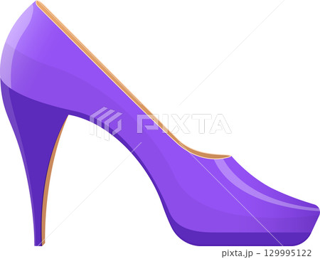 Elegant purple high-heeled shoe against a black background with a tan trim detail on the shoe. 129995122