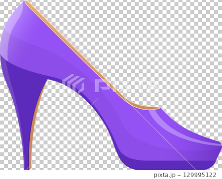 Elegant purple high-heeled shoe against a black background with a tan trim detail on the shoe. Elegant purple high-heeled shoe against a black background with a tan trim detail on the shoe. 129995122