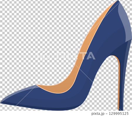 Stylish navy blue high-heeled shoe with tan accents, a symbol of fashion and elegance. 129995125