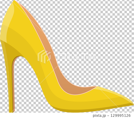 Elegant yellow stiletto: A single, high-heeled shoe poised against a dark backdrop showcasing style. Elegant yellow stiletto: A single, high-heeled shoe poised against a dark backdrop showcasing style. 129995126