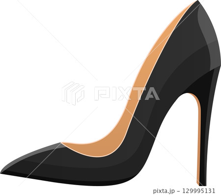 Elegant black high heel shoe with a sharp pointed toe and tan interior against a black background. 129995131
