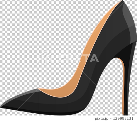 Elegant black high heel shoe with a sharp pointed toe and tan interior against a black background. 129995131