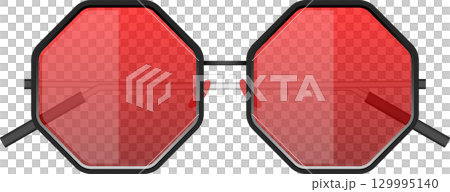 Sunglasses with red lenses and black frames offer a bold statement with octagon-shaped eye wear. 129995140