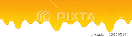 Golden viscous liquid drips downwards, creating a textured pattern against a dark background. 129995144