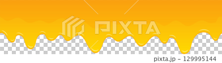 Golden viscous liquid drips downwards, creating a textured pattern against a dark background. 129995144