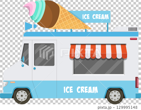 Cartoon illustration of an ice cream truck with giant ice cream cone on top. Summertime fun! 129995148