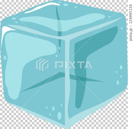 A single translucent light blue ice cube with rounded edges sits on a black background. 129995158