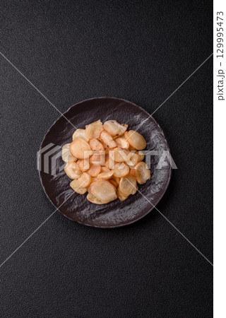 Food, dried squid in shavings or chopped as snacks or jerky. Snack dried squid for beer 129995473