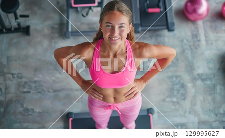 Woman in pink active tank and pants smiling on treadmill in gym 129995627
