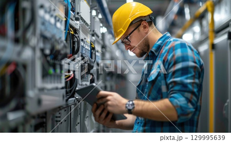 Engineer in hard hat using tablet in factory for mass production 129995639