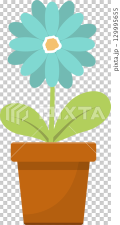 A digital illustration of a light blue daisy in a brown pot with green leaves, on black. A digital illustration of a light blue daisy in a brown pot with green leaves, on black. 129995655