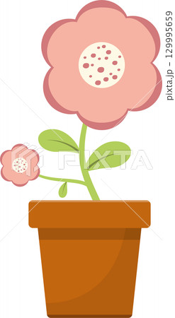 Illustration of a potted plant with pink flowers and green leaves on a plain background. 129995659