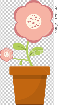 Illustration of a potted plant with pink flowers and green leaves on a plain background. 129995659