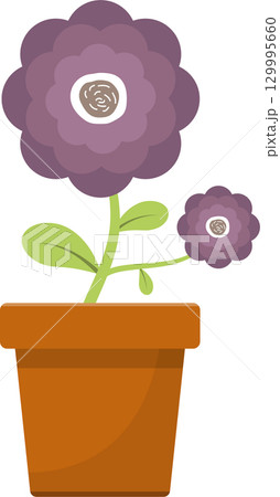 Cartoon-styled plant in a pot with green stem and leaves and purple flowers on a black backdrop 129995660
