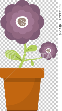 Cartoon-styled plant in a pot with green stem and leaves and purple flowers on a black backdrop 129995660