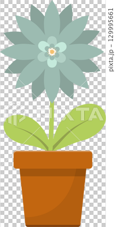 Stylized blue-green flower with orange center in a brown pot. Simple design, light background. 129995661