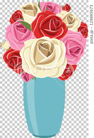 Roses in shades of pink, red, and cream are arranged in a simple blue vase against black backdrop. 129995673