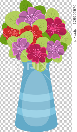 A blue vase featuring purple, red and pink flowers with green leaves, an artistic illustration. A blue vase featuring purple, red and pink flowers with green leaves, an artistic illustration. 129995676