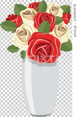 Elegant floral arrangement featuring red and white roses in a light grey vase, conveying romance. 129995678