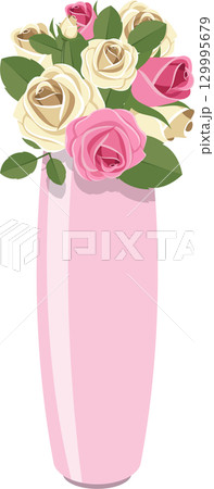 Pink vase with roses and green leaves in an illustration on a solid black background. Pink vase with roses and green leaves in an illustration on a solid black background. 129995679