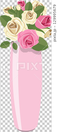 Pink vase with roses and green leaves in an illustration on a solid black background. Pink vase with roses and green leaves in an illustration on a solid black background. 129995679