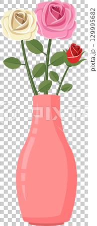 A light pink vase filled with three rose stems that bear white, pink, and red blooms. A light pink vase filled with three rose stems that bear white, pink, and red blooms. 129995682