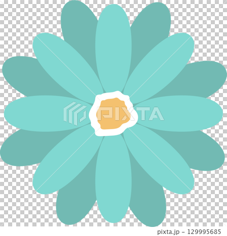 A stylized, symmetrical flower design in shades of teal, with a golden-yellow center and white ring 129995685