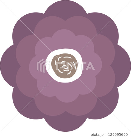 Stylized bloom of purplish petals, central disc displaying swirling pattern against black backdrop. 129995690