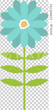Whimsical light blue flower with a green stem and leaves isolated against a black background. Whimsical light blue flower with a green stem and leaves isolated against a black background. 129995701
