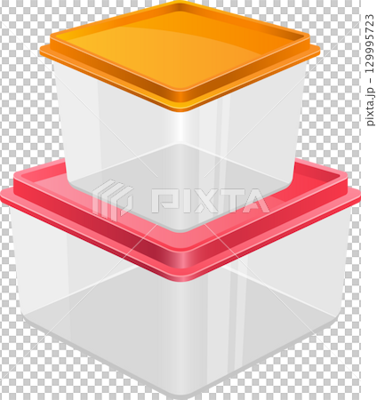 Stacked plastic containers with colorful lids, suitable for food storage in kitchen organization Stacked plastic containers with colorful lids, suitable for food storage in kitchen organization 129995723