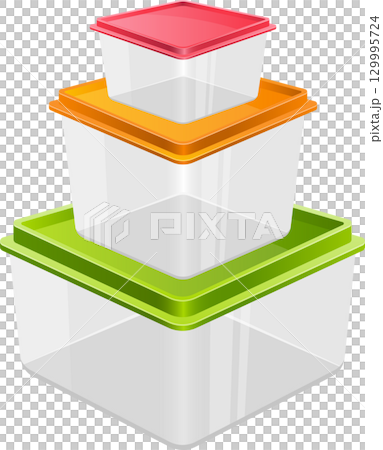 Stacked food containers with colored lids. Ideal for storing leftovers, lunches, or snacks. Stacked food containers with colored lids. Ideal for storing leftovers, lunches, or snacks. 129995724