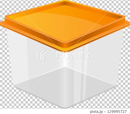 Isometric view of a transparent storage container with an orange lid for organization and storage. Isometric view of a transparent storage container with an orange lid for organization and storage. 129995727