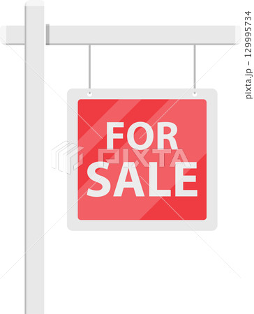 A red and white "FOR SALE" sign hangs from a white wooden post against a black background. 129995734