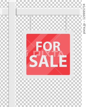 A red and white "FOR SALE" sign hangs from a white wooden post against a black background. 129995734
