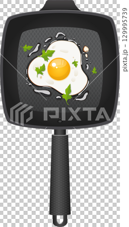 A perfectly fried egg with a bright yellow yolk sits in a nonstick pan garnished with parsley. 129995739
