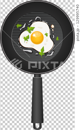 Sunny-side up egg in a frying pan garnished with fresh parsley, ready for a delicious breakfast. 129995740
